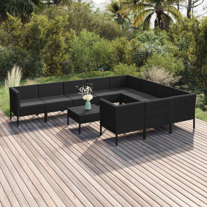 11-tlg. Garten-Lounge-Set mit Auflagen Poly Rattan Schwarz