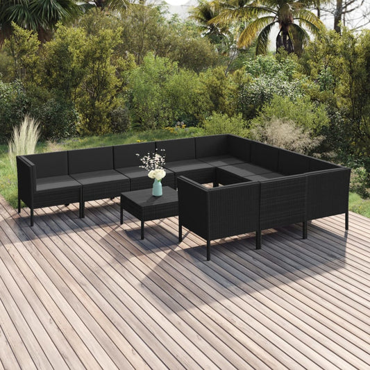 11-tlg. Garten-Lounge-Set mit Auflagen Poly Rattan Schwarz