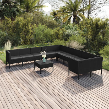 11-tlg. Garten-Lounge-Set mit Auflagen Poly Rattan Schwarz