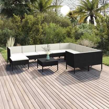 11-tlg. Garten-Lounge-Set mit Auflagen Poly Rattan Schwarz