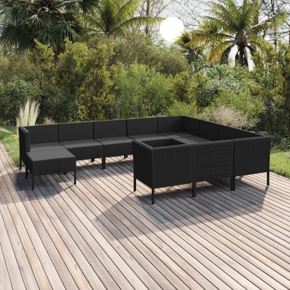 11-tlg. Garten-Lounge-Set mit Auflagen Poly Rattan Schwarz