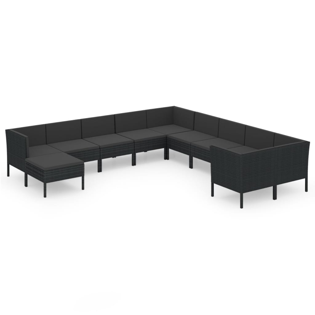 11-tlg. Garten-Lounge-Set mit Auflagen Poly Rattan Schwarz