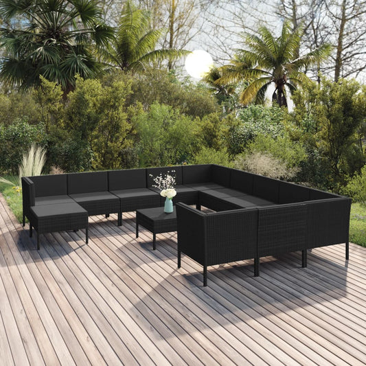 13-tlg. Garten-Lounge-Set mit Auflagen Poly Rattan Schwarz