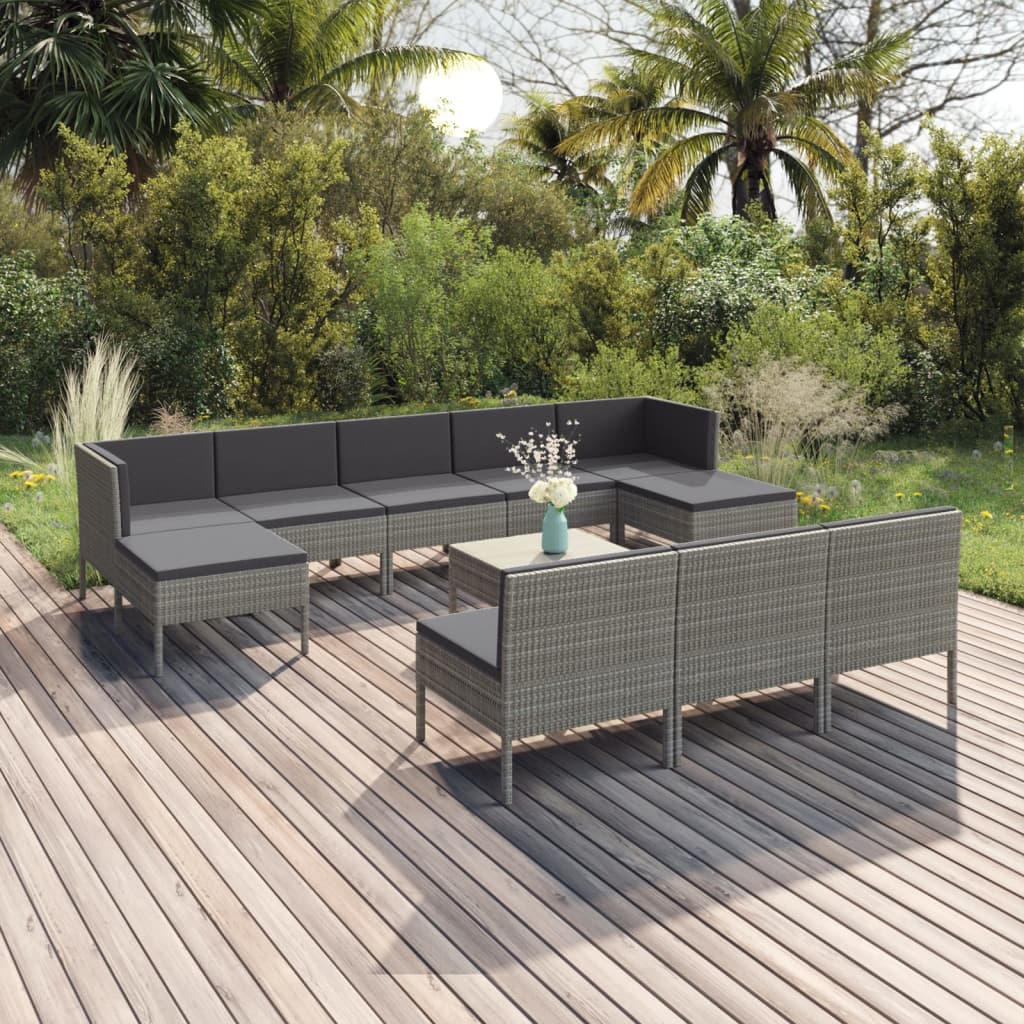 11-tlg. Garten-Lounge-Set mit Auflagen Poly Rattan Grau