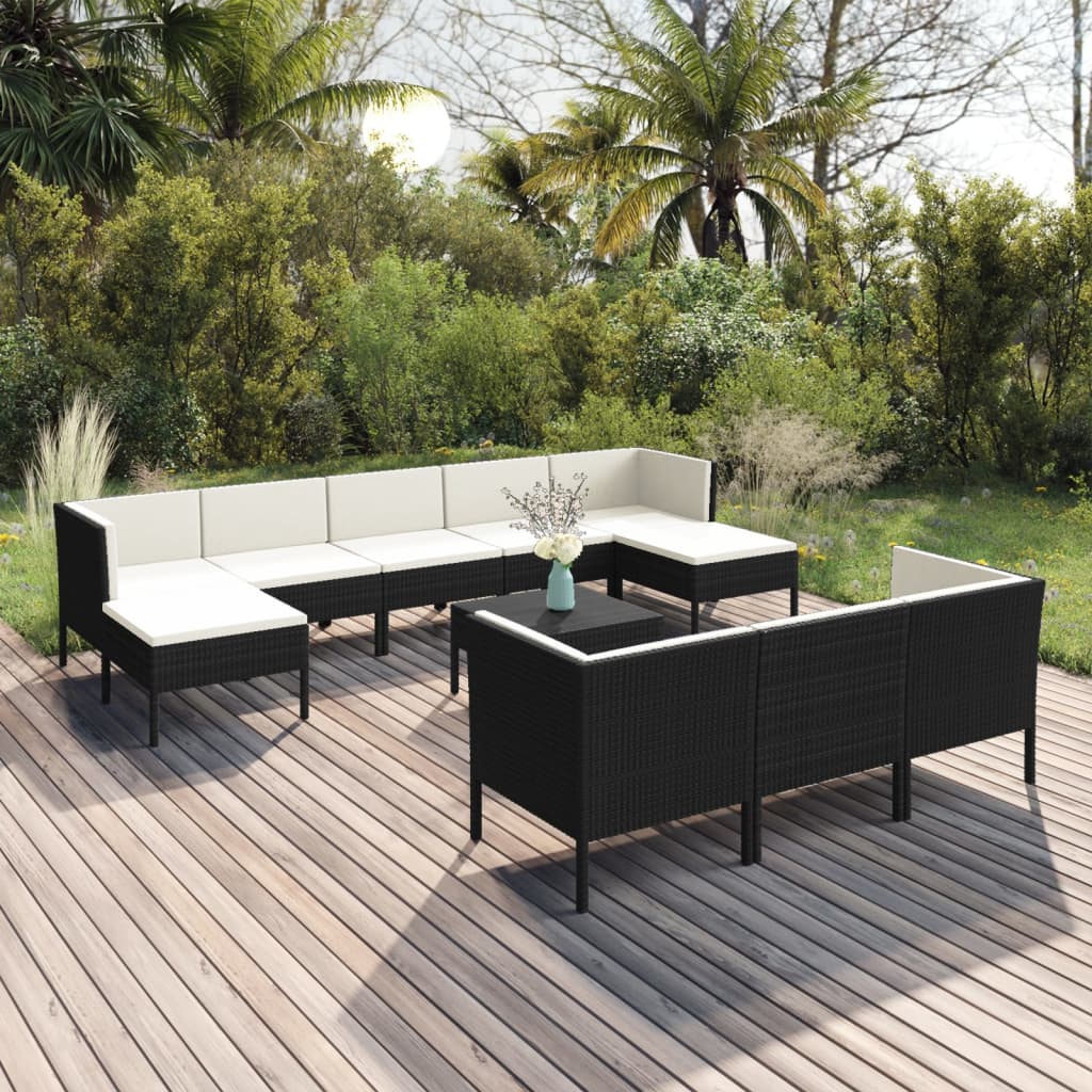 11-tlg. Garten-Lounge-Set mit Auflagen Poly Rattan Schwarz