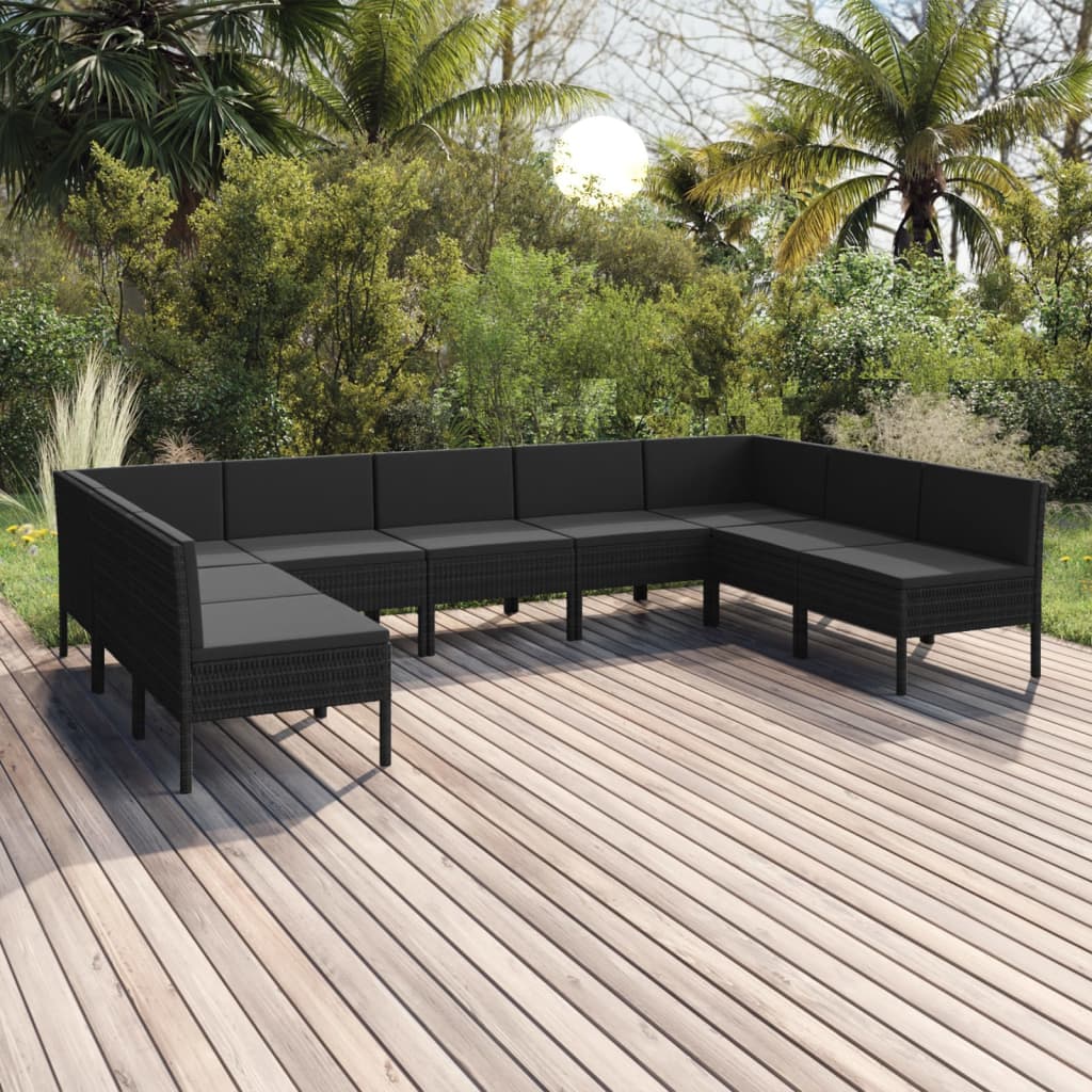 9-tlg. Garten-Lounge-Set mit Auflagen Poly Rattan Schwarz