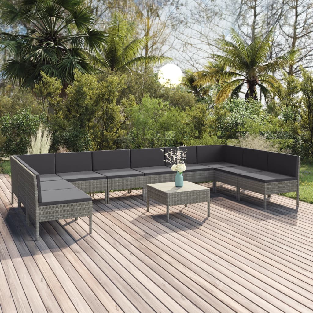 11-tlg. Garten-Lounge-Set mit Auflagen Poly Rattan Grau