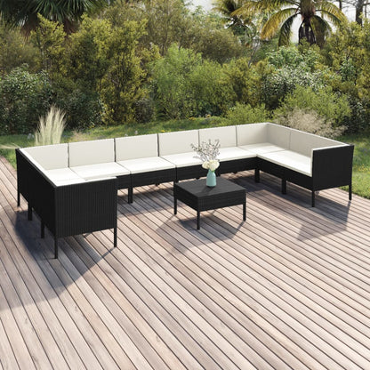 11-tlg. Garten-Lounge-Set mit Auflagen Poly Rattan Schwarz