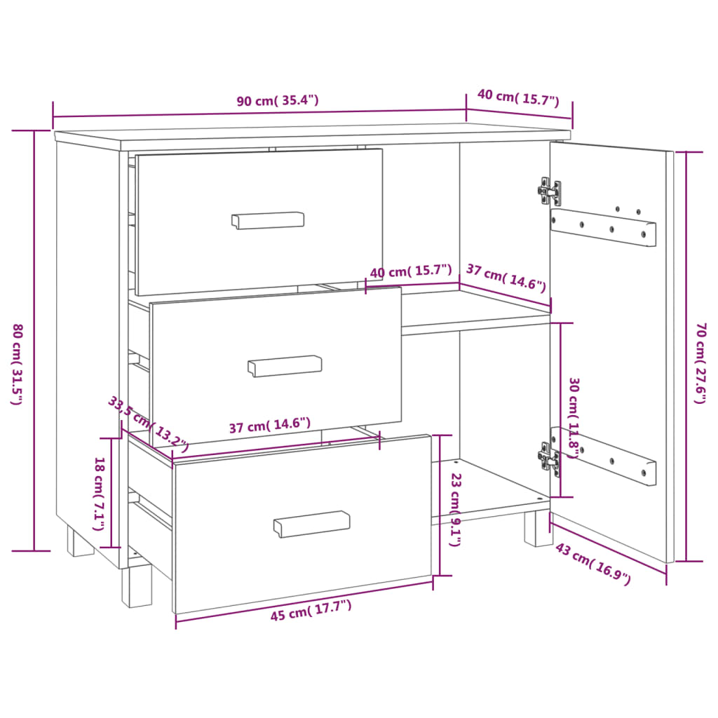 Komoda HAMAR bijela 90x40x80 cm puno borovo drvo