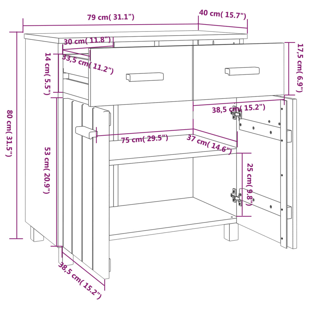 Komoda HAMAR med smeđa 79x40x80 cm puno borovo drvo