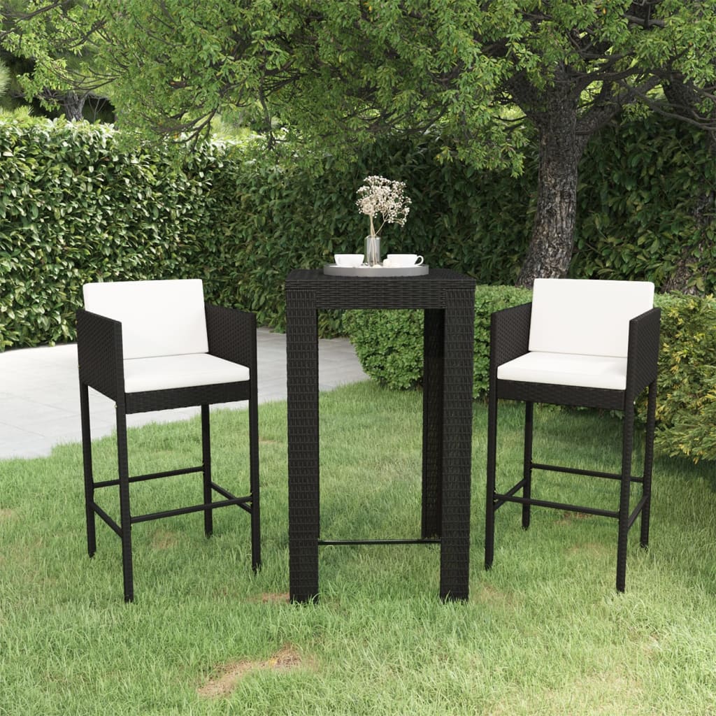 3-tlg. Gartenbar-Set mit Kissen Poly Rattan Schwarz