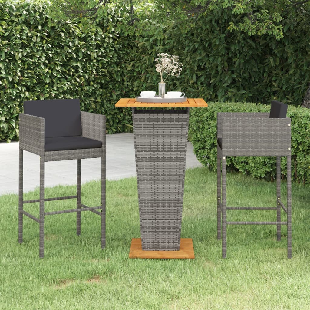 3-tlg. Gartenbar-Set mit Kissen Poly Rattan Grau