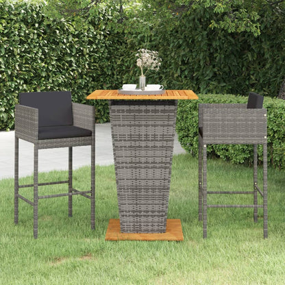 3-tlg. Gartenbar-Set mit Kissen Poly Rattan Grau