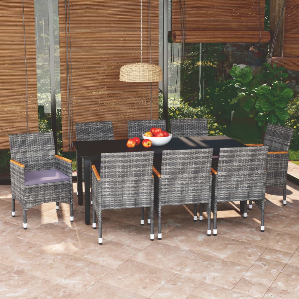 9-piece garden dining set with cushions poly rattan grey