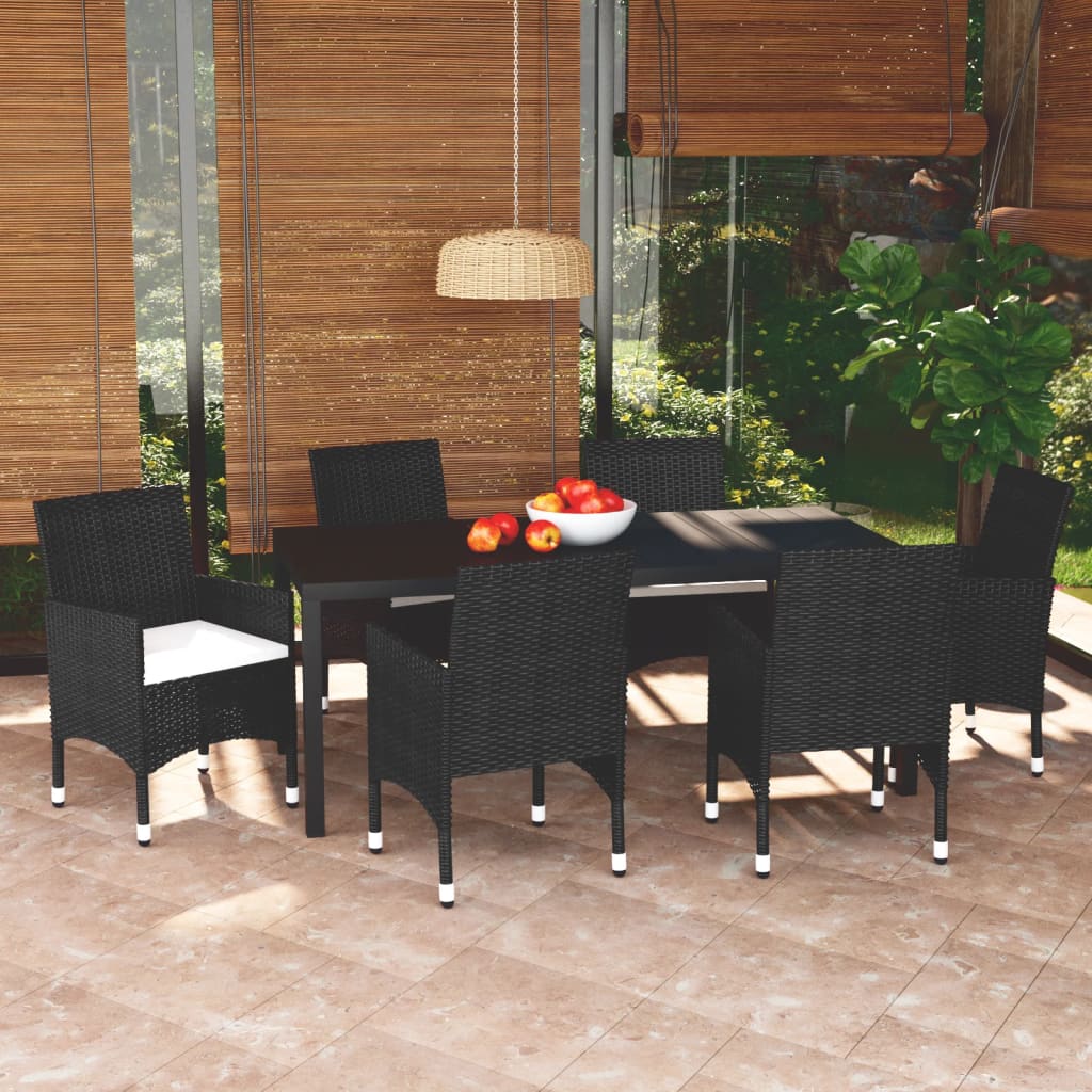 7-piece garden dining set with cushions poly rattan black