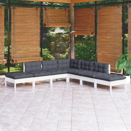 7-tlg. Garten-Lounge-Set mit Kissen Weiß Kiefernholz