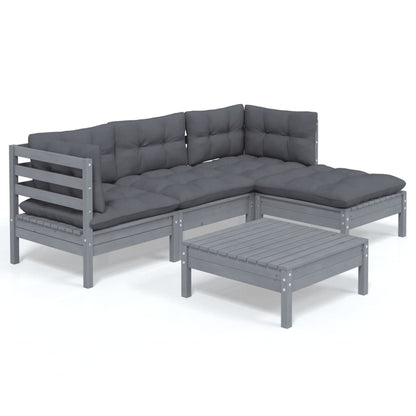 5-piece garden lounge set with cushions grey pinewood