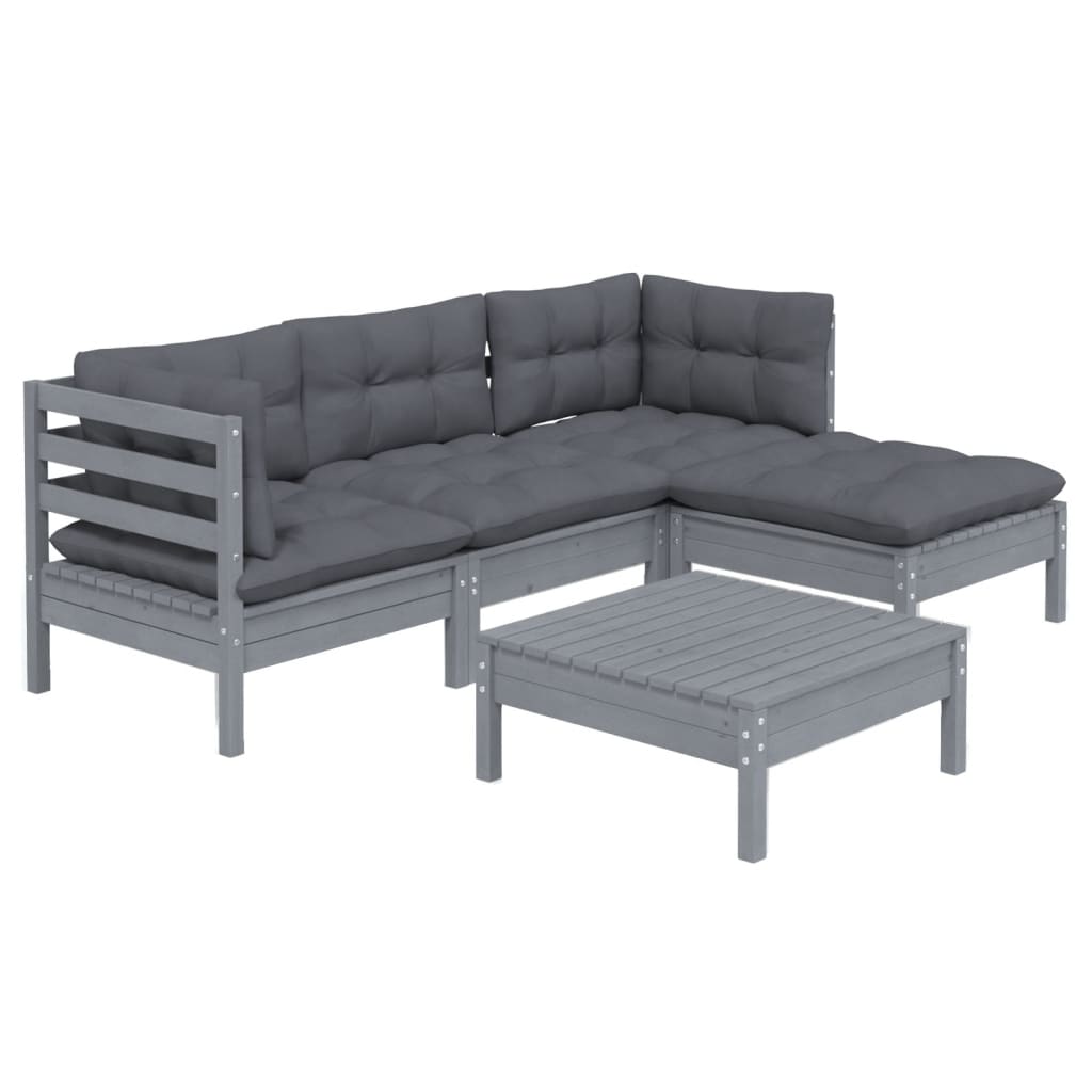 5-piece garden lounge set with cushions grey pinewood