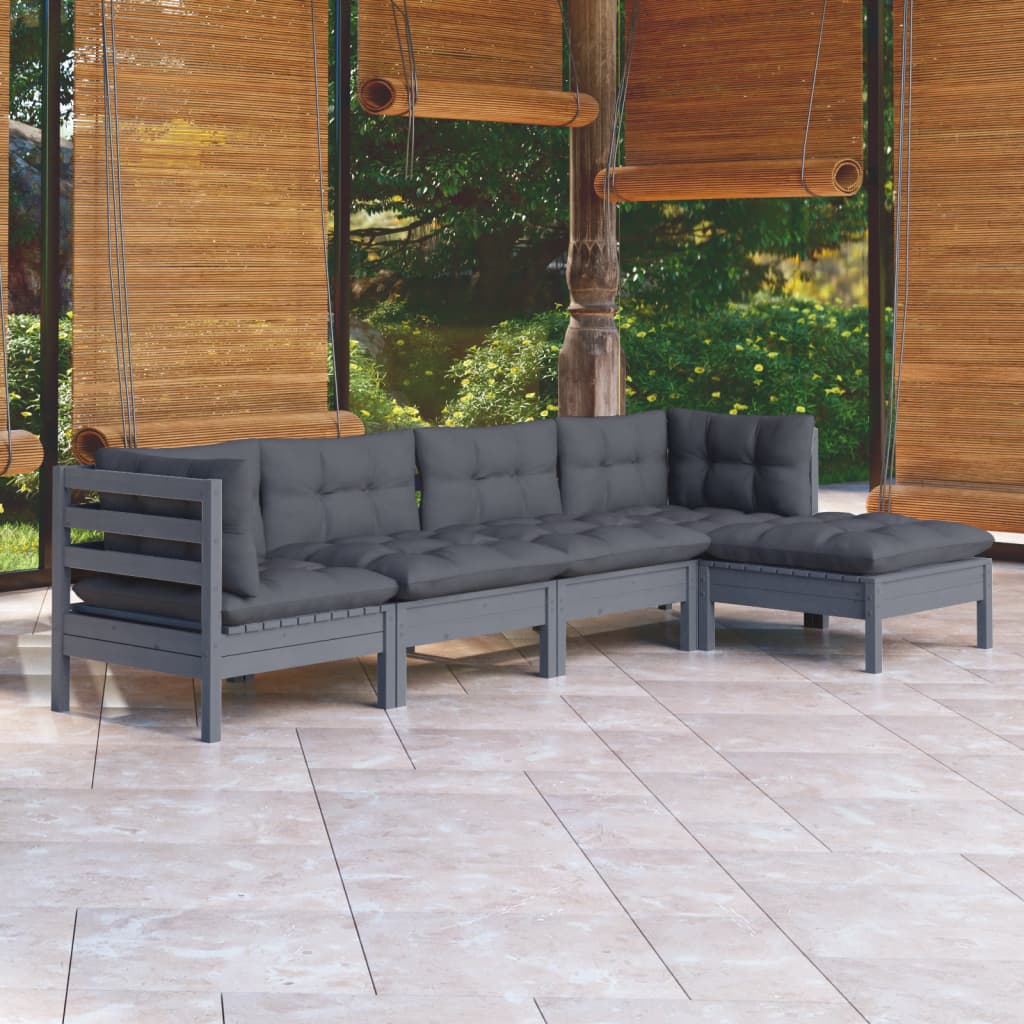 5-piece garden lounge set with cushions grey pinewood