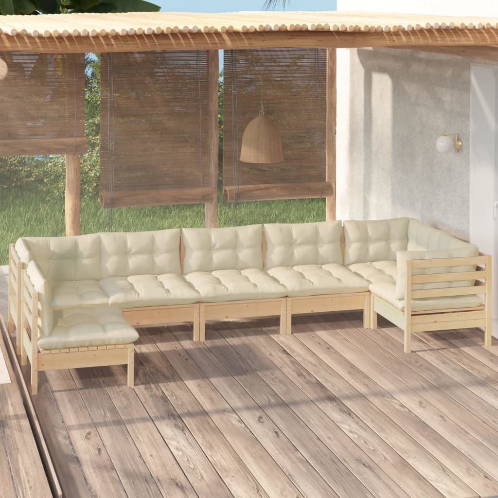 7-tlg. Garten-Lounge-Set mit Creme Kissen Kiefernholz