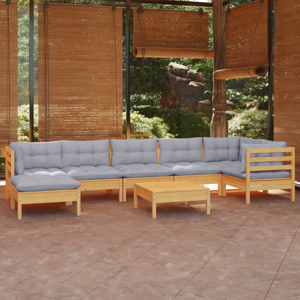 8-tlg. Garten-Lounge-Set mit Grauen Kissen Kiefer Massivholz