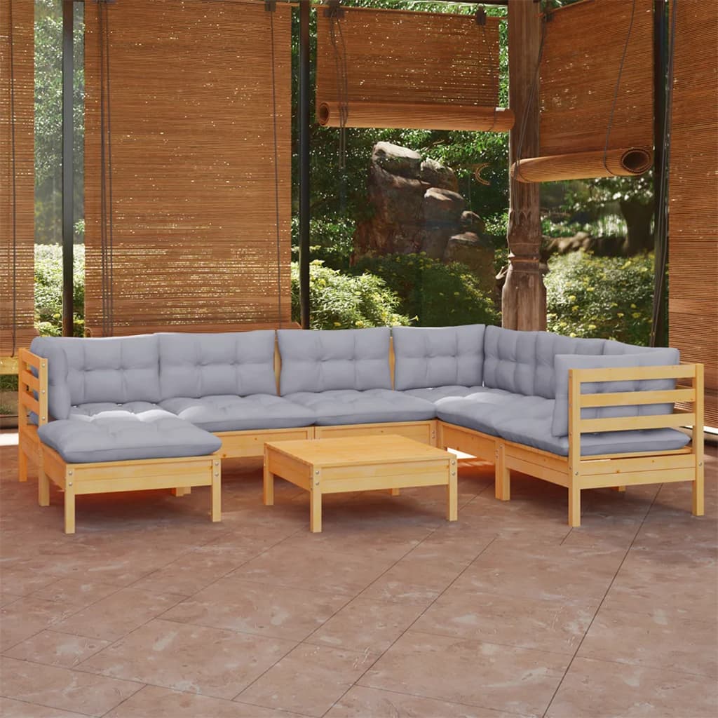 8-tlg. Garten-Lounge-Set mit Grauen Kissen Kiefer Massivholz