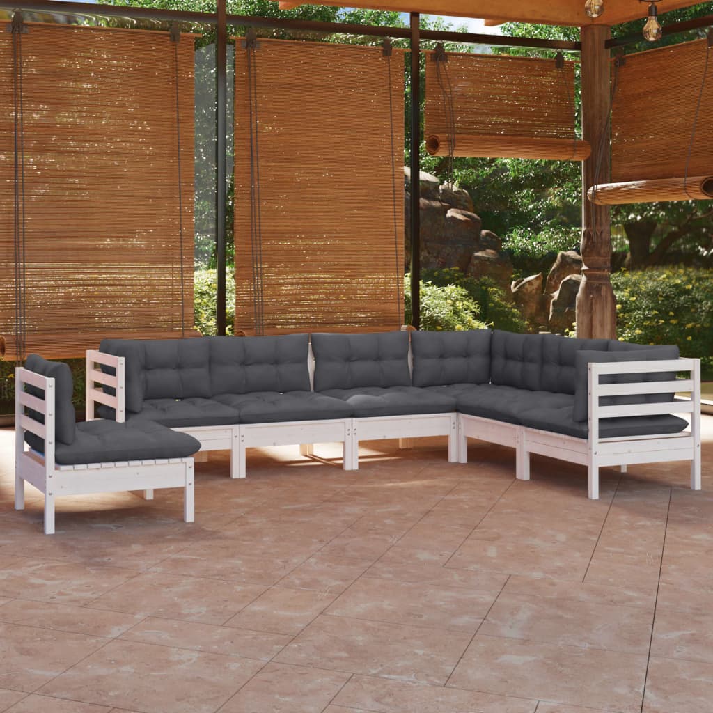 7-tlg. Garten-Lounge-Set mit Kissen Weiß Kiefer Massivholz