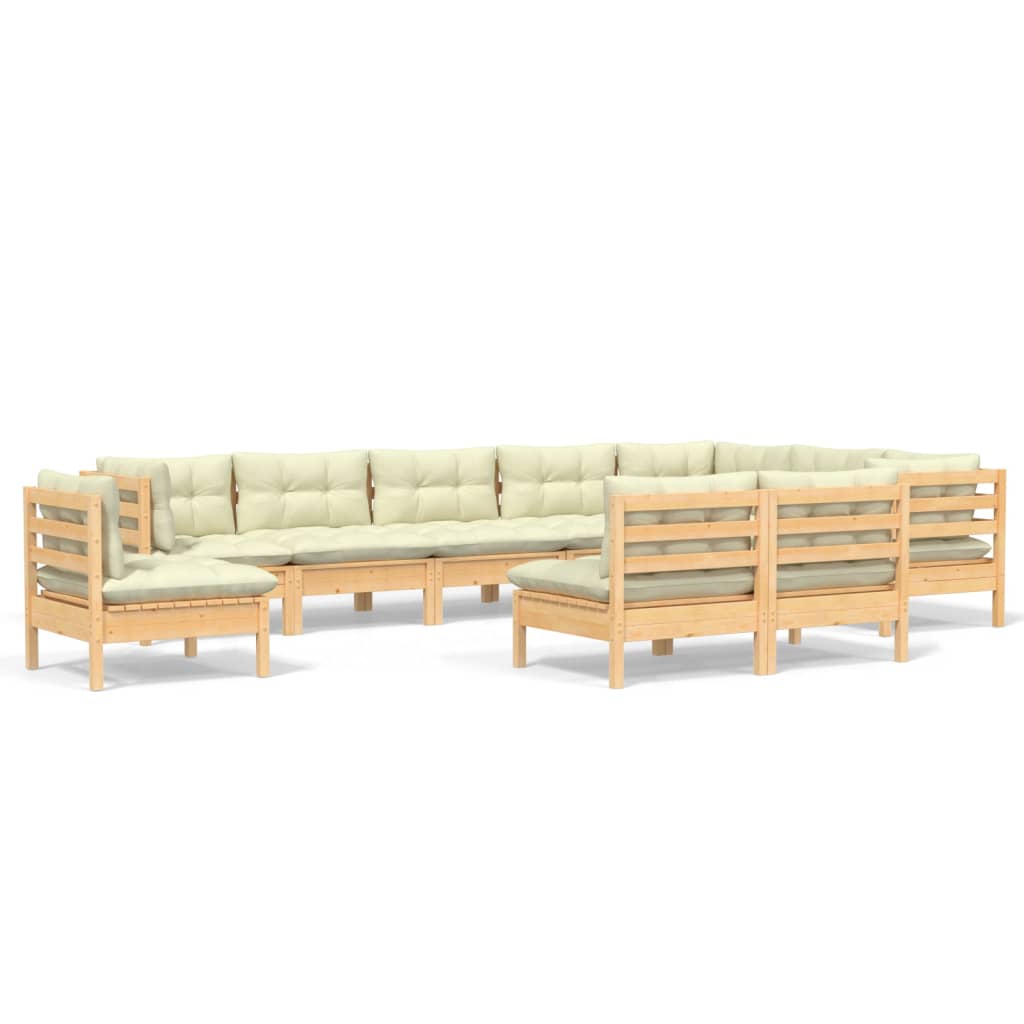 10-piece garden lounge set with cream cushions solid pine