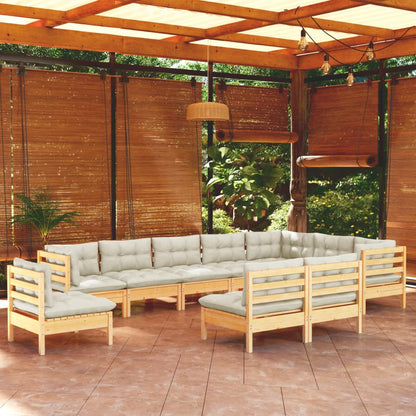 10-piece garden lounge set with cream cushions solid pine