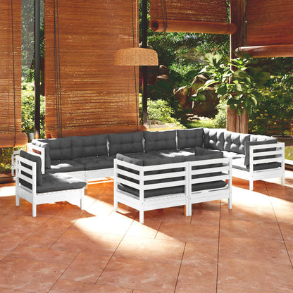 10-tlg. Garten-Lounge-Set mit Kissen Weiß Kiefer Massivholz