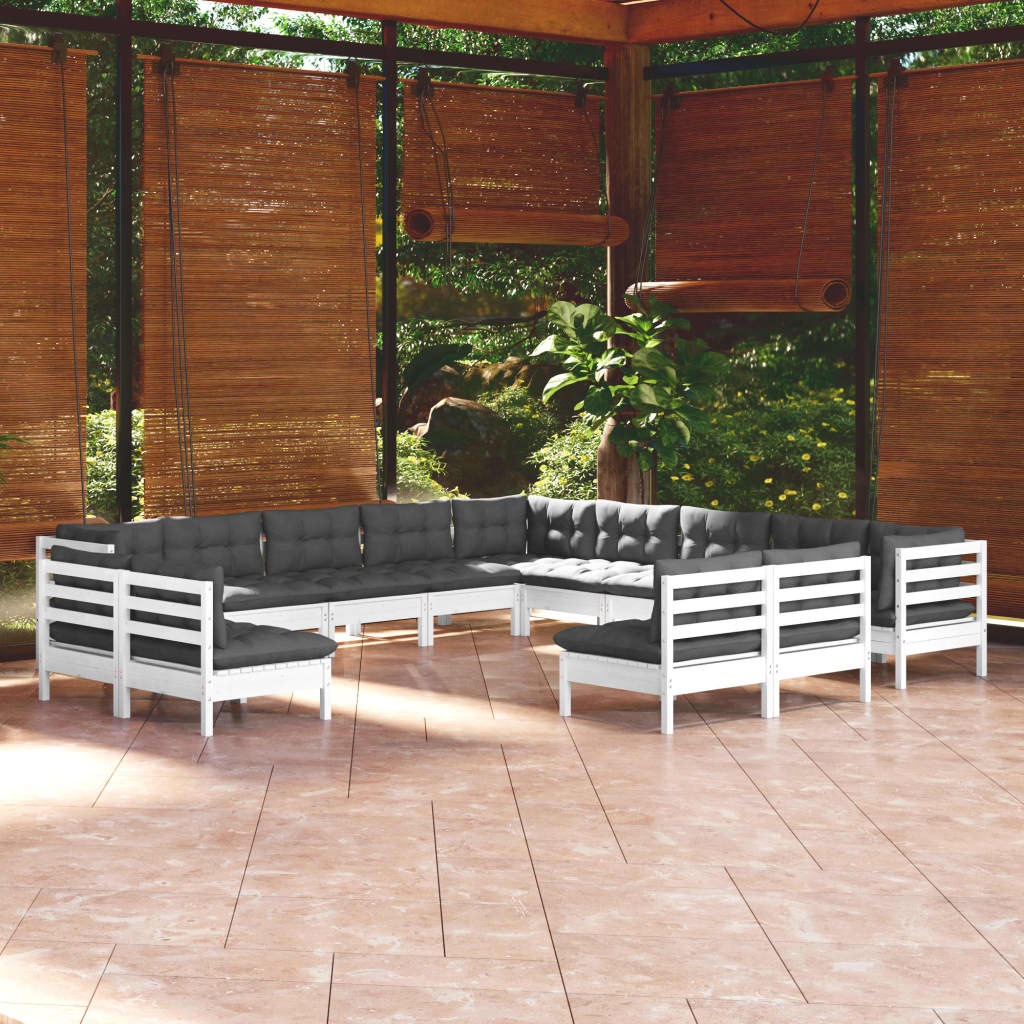 13-tlg. Garten-Lounge-Set mit Kissen Weiß Massivholz Kiefer