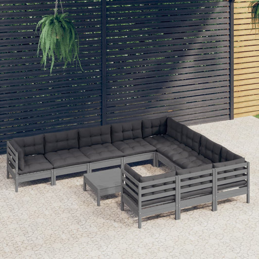 11-piece garden lounge set with cushions grey pinewood