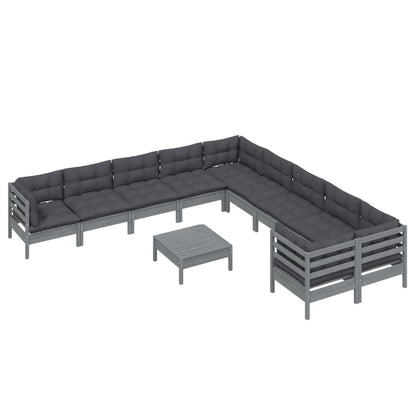 11-piece garden lounge set with cushions grey pinewood