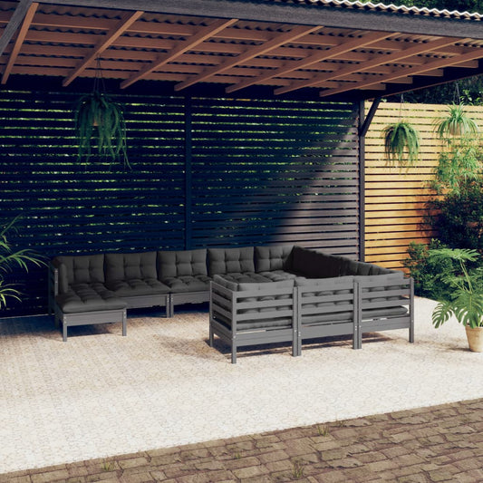 11-piece garden lounge set with cushions grey pinewood