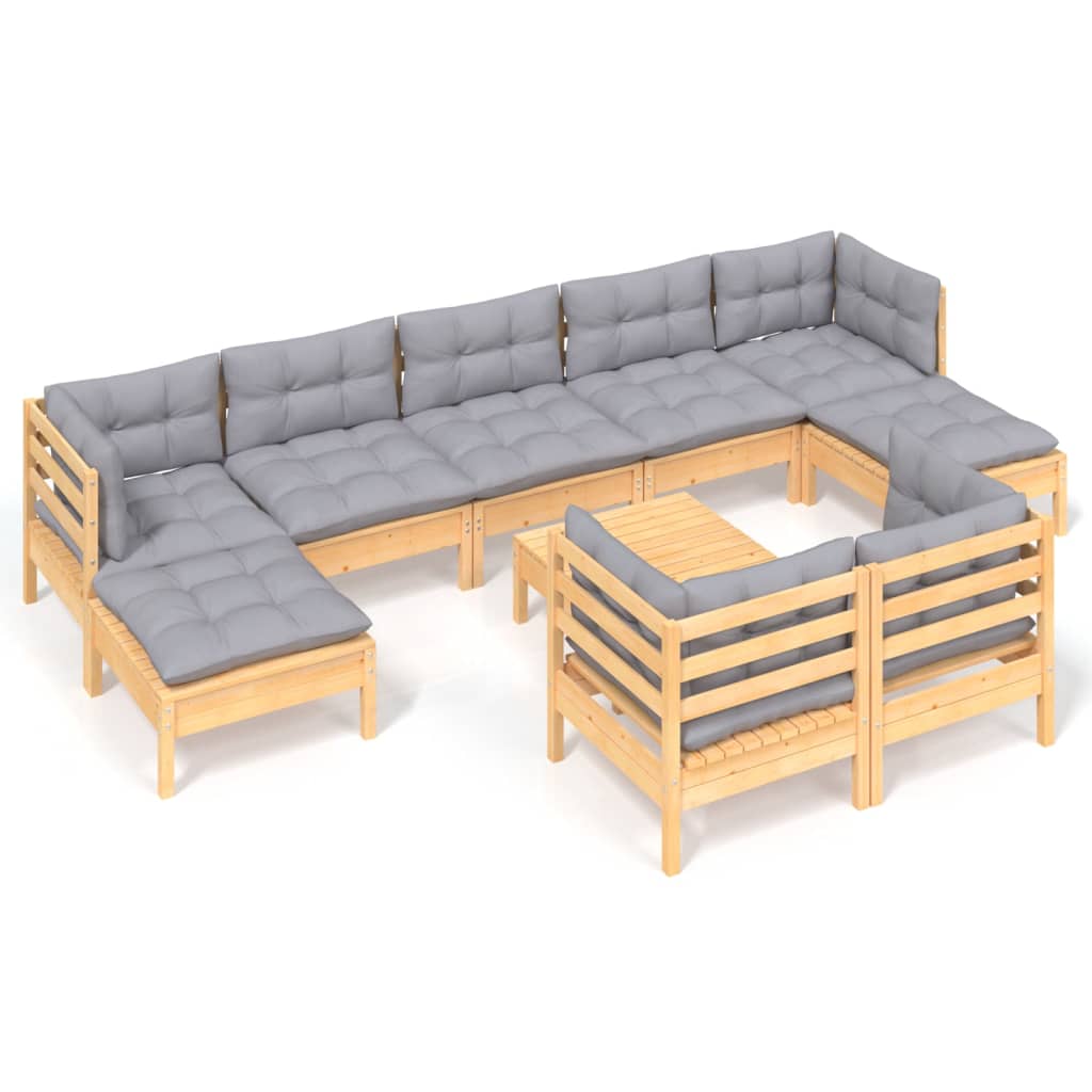 10-piece garden lounge set with grey cushions solid pine wood