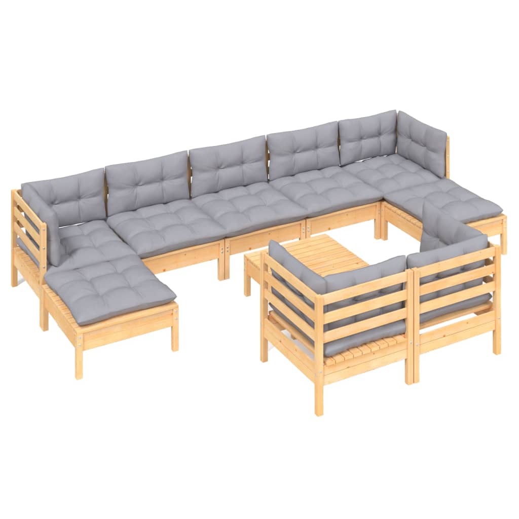 10-piece garden lounge set with grey cushions solid pine wood