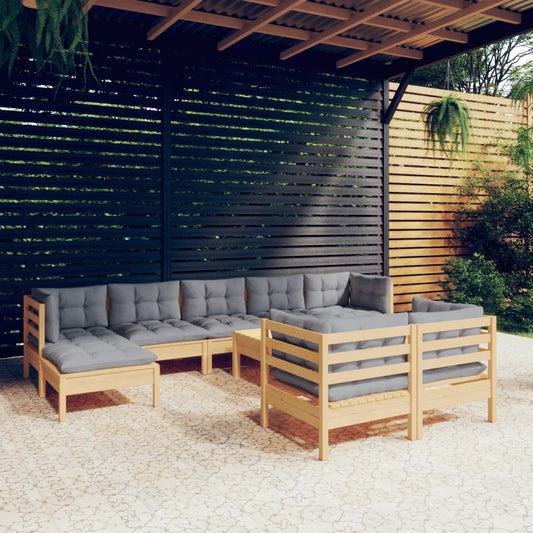 10-piece garden lounge set with grey cushions solid pine wood