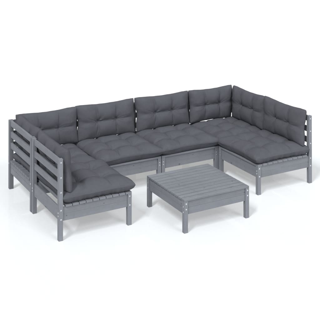 7-tlg. Garten-Lounge-Set mit Kissen Grau Kiefer Massivholz