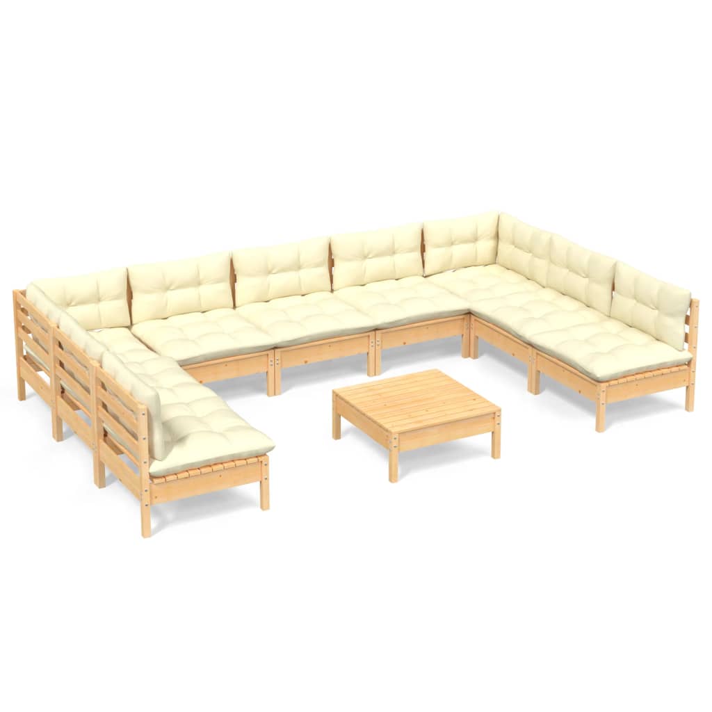 10-piece garden lounge set with cream cushions solid pine