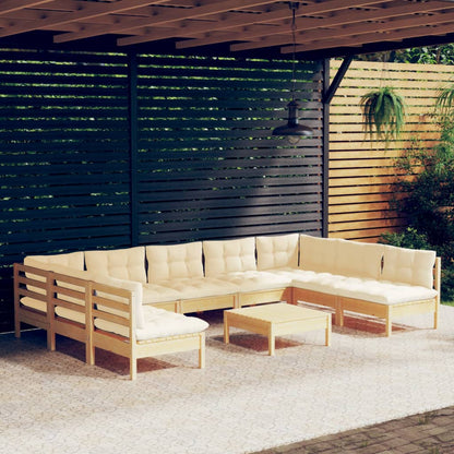 10-piece garden lounge set with cream cushions solid pine