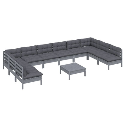 11-piece garden lounge set with cushions grey solid pine wood