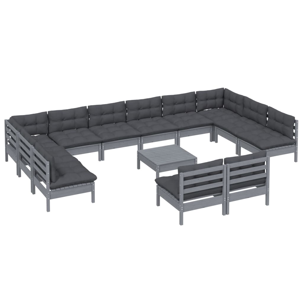 13-piece garden lounge set with cushions grey solid pine wood