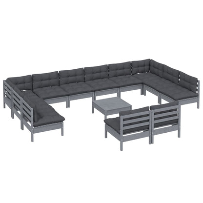 13-piece garden lounge set with cushions grey solid pine wood