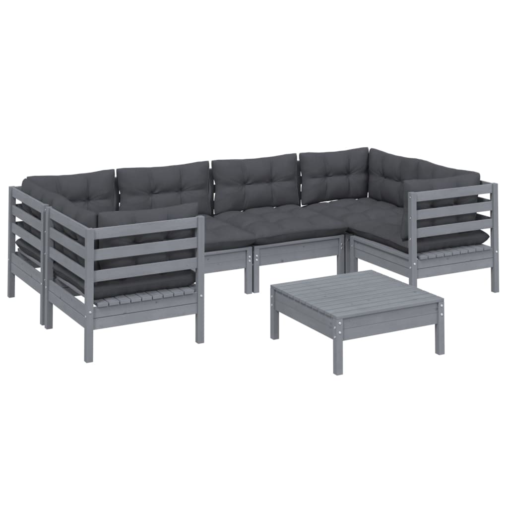 7-piece garden lounge set with cushions grey pinewood