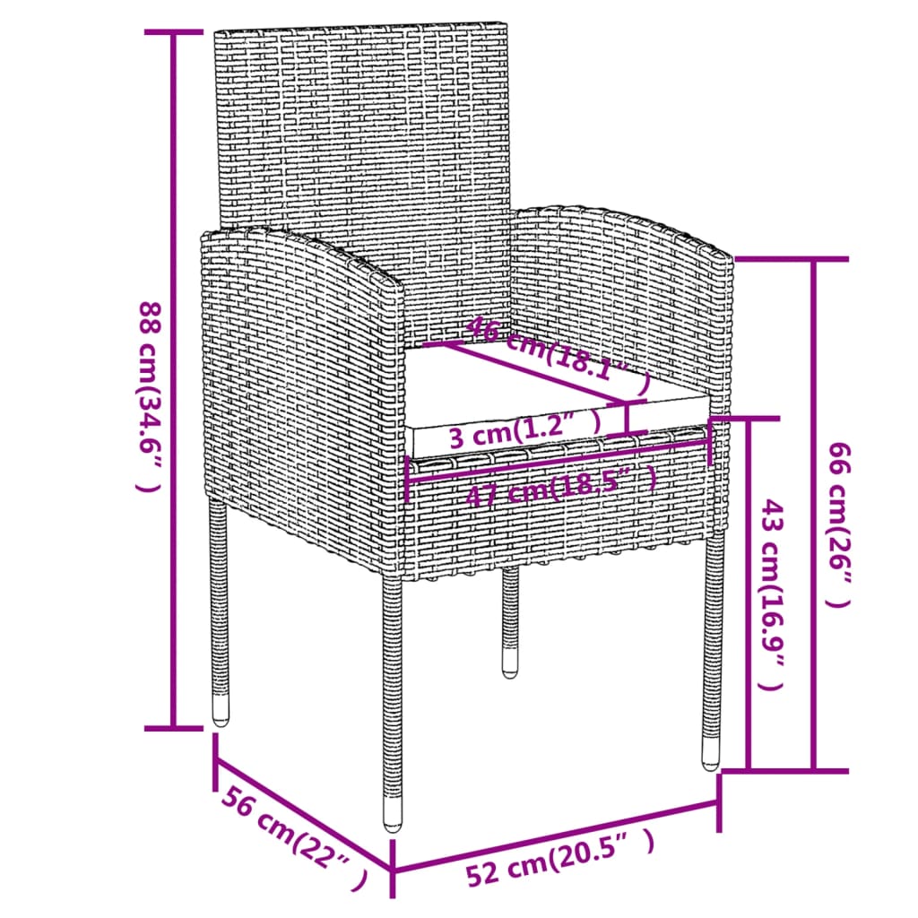 3-tlg. Garten-Essgruppe Poly Rattan Schwarz