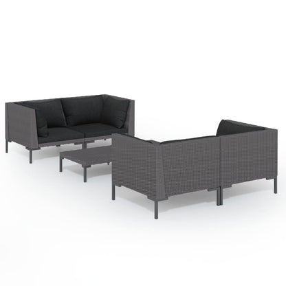 5-tlg. Garten-Lounge-Set mit Kissen Poly Rattan Dunkelgrau