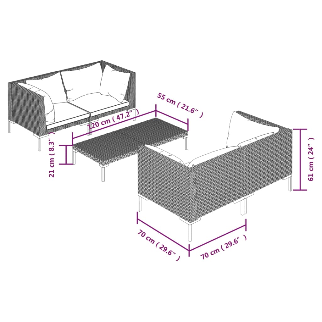 5-tlg. Garten-Lounge-Set mit Kissen Poly Rattan Dunkelgrau