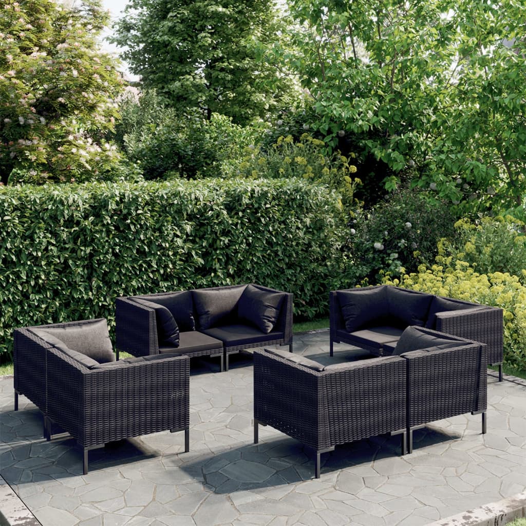 8-tlg. Garten-Lounge-Set mit Kissen Poly Rattan Dunkelgrau