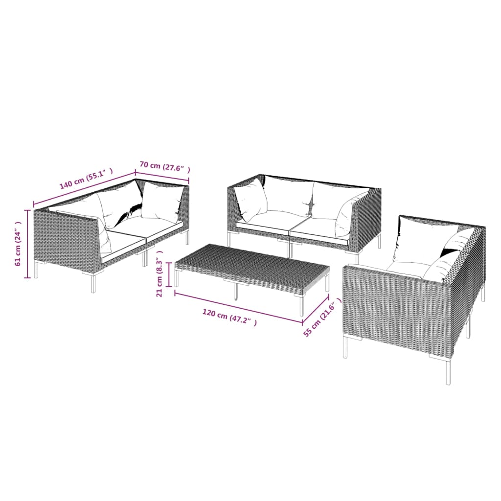 7-tlg. Garten-Lounge-Set mit Kissen Poly Rattan Dunkelgrau