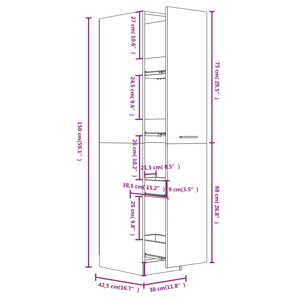 Apothekerschrank Grau Sonoma 30x42,5x150 cm Holzwerkstoff